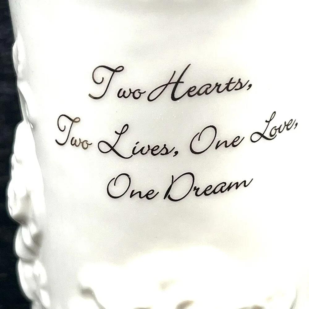 Valentines/Wedding Vase “Two Hearts…One Love..” Embossed Roses, Gold Tone Trim